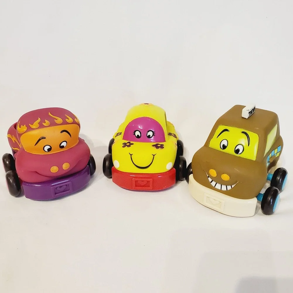 B. Toys Wheeee-ls! Soft Pull Back Toy Cars Set of 3 Magenta Yellow Brown Taxi